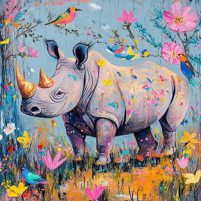 Kunstwerk van neushoorn tussen bloemen en kolibries in roze, geel en blauw op lichtblauwe achtergrond
