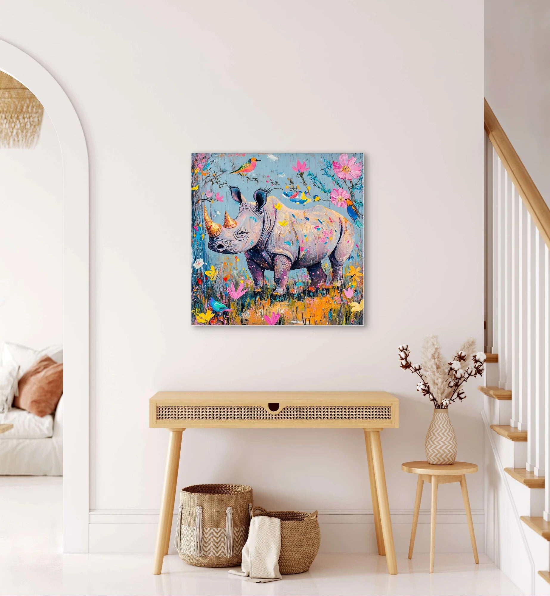 Kleurrijk kunstwerk van neushoorn met bloemen en vogels aan muur in lichte hal met rotanmeubels
