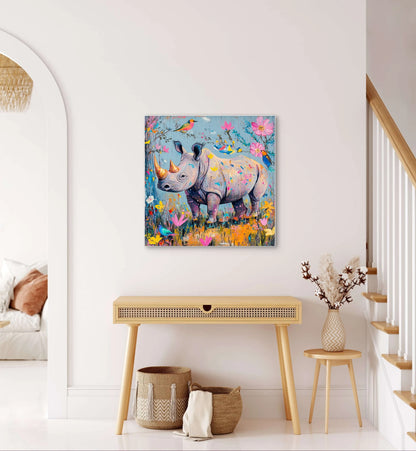 Kleurrijk kunstwerk van neushoorn met bloemen en vogels aan muur in lichte hal met rotanmeubels

