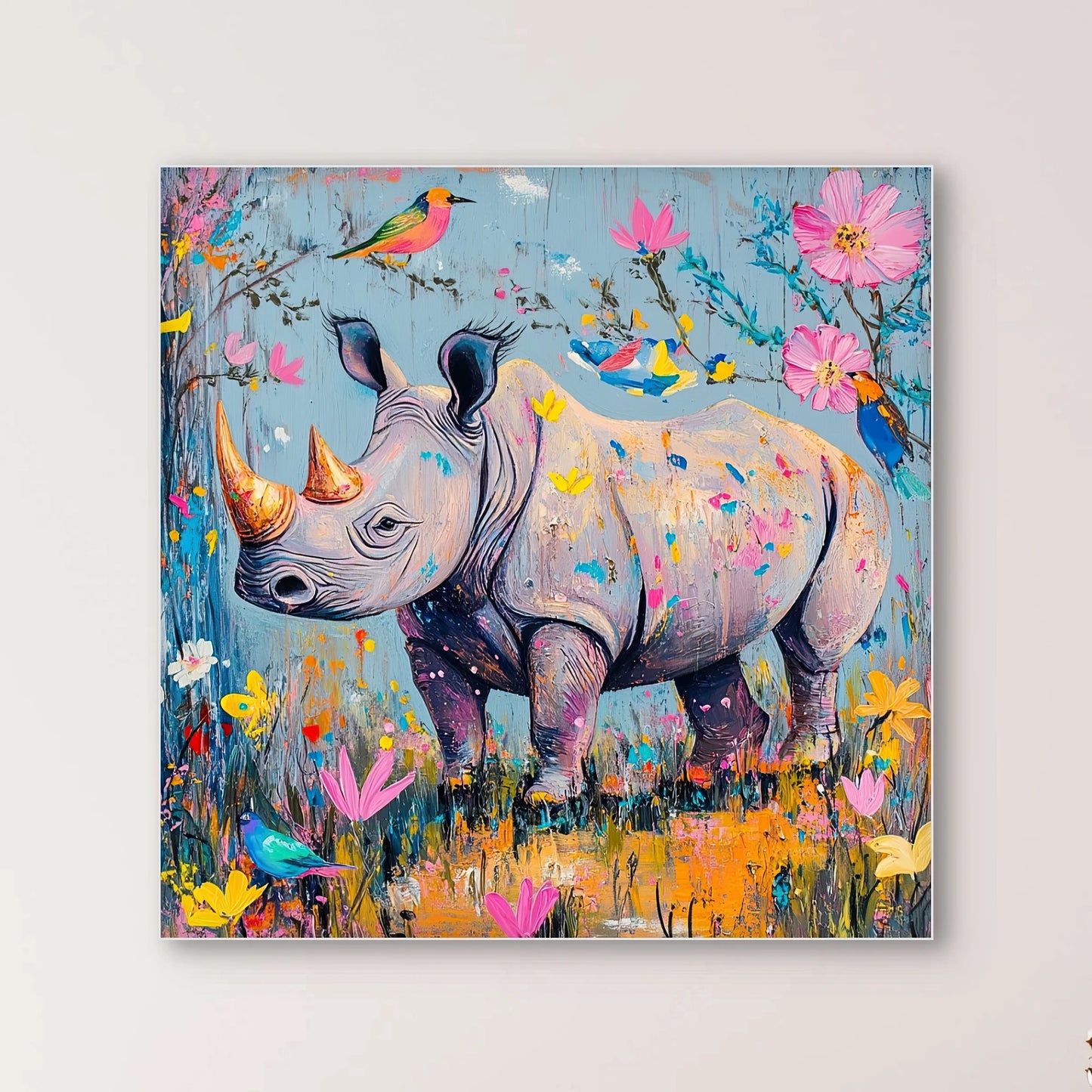 Detail van neushoorn met gouden hoorn, omringd door kolibries en bloemen in felle tinten
