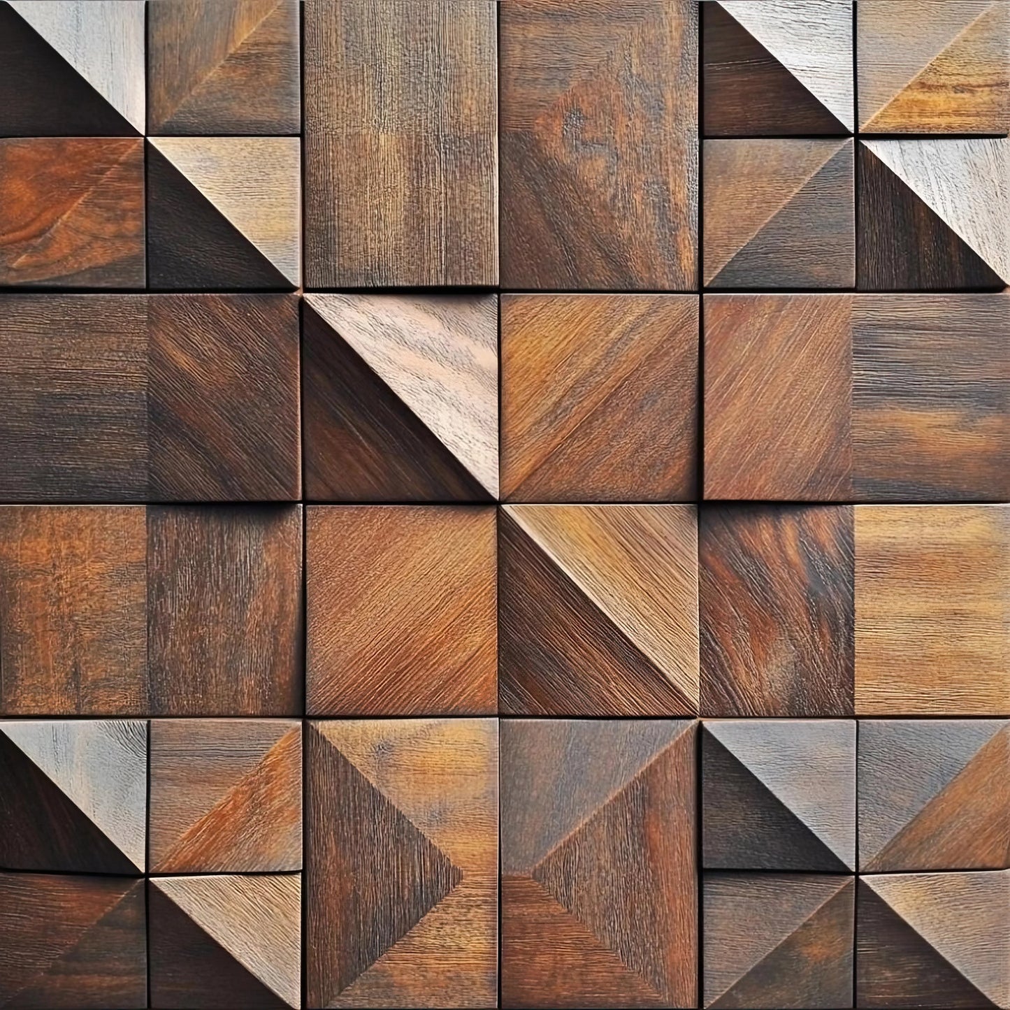 Volledige afbeelding van geometrische wanddecoratie in natuurlijke houtkleuren en piramidevormen
