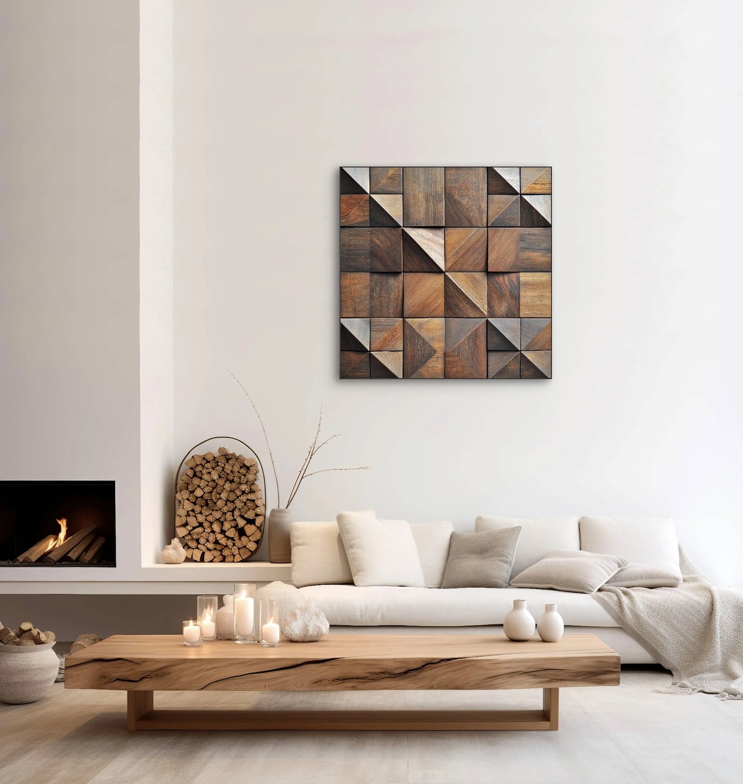Wanddecoratie met houten piramides in bruin, beige en zwart in een licht interieur met haard en natuurlijke accenten
