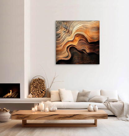 Textielkunstwerk met vloeiende houtstructuren in warme tinten, hangend boven een lichte bank en houten salontafel met kaarsen
