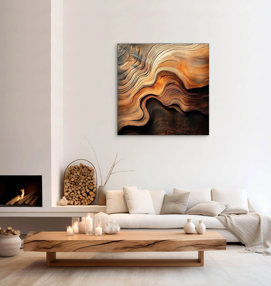 Textielkunstwerk met vloeiende houtstructuren in warme tinten, hangend boven een lichte bank en houten salontafel met kaarsen
