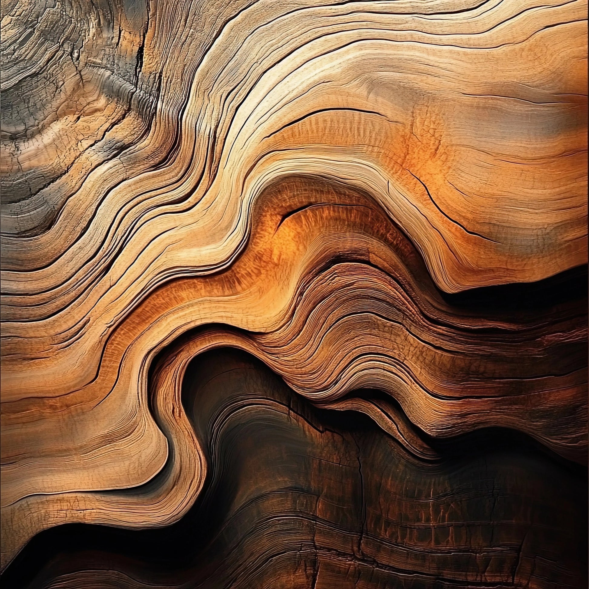 Volledig abstract kunstwerk met organische houtstructuur en stromende lijnen in warme aardetinten
