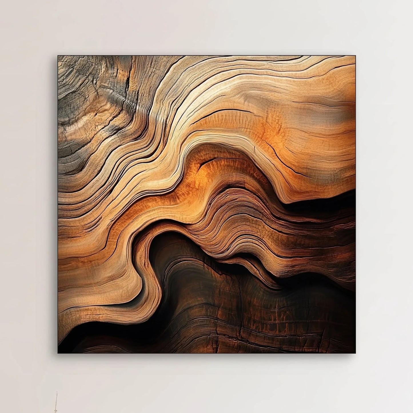 Detail van kunstwerk met golvende houtnerven in bruin, koper en beige tinten
