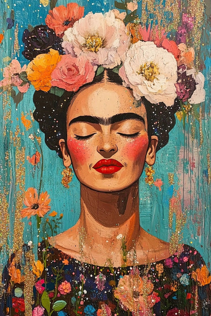 Volledige weergave van Iconic Bloom, een expressief vrouwelijk portret met bloemen op turquoise  
