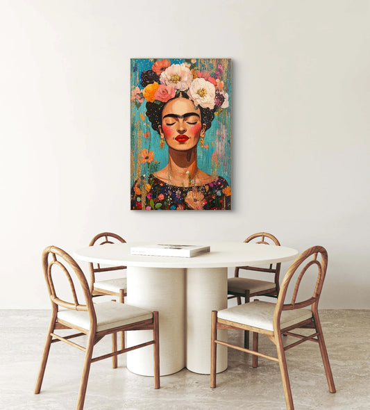 Textielkunstwerk Iconic Bloom boven een ronde eettafel in een zachte, minimalistische ruimte  
