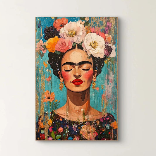 Detail van het gezicht in Iconic Bloom met gesloten ogen, rode lippen en bloemenkroon  
