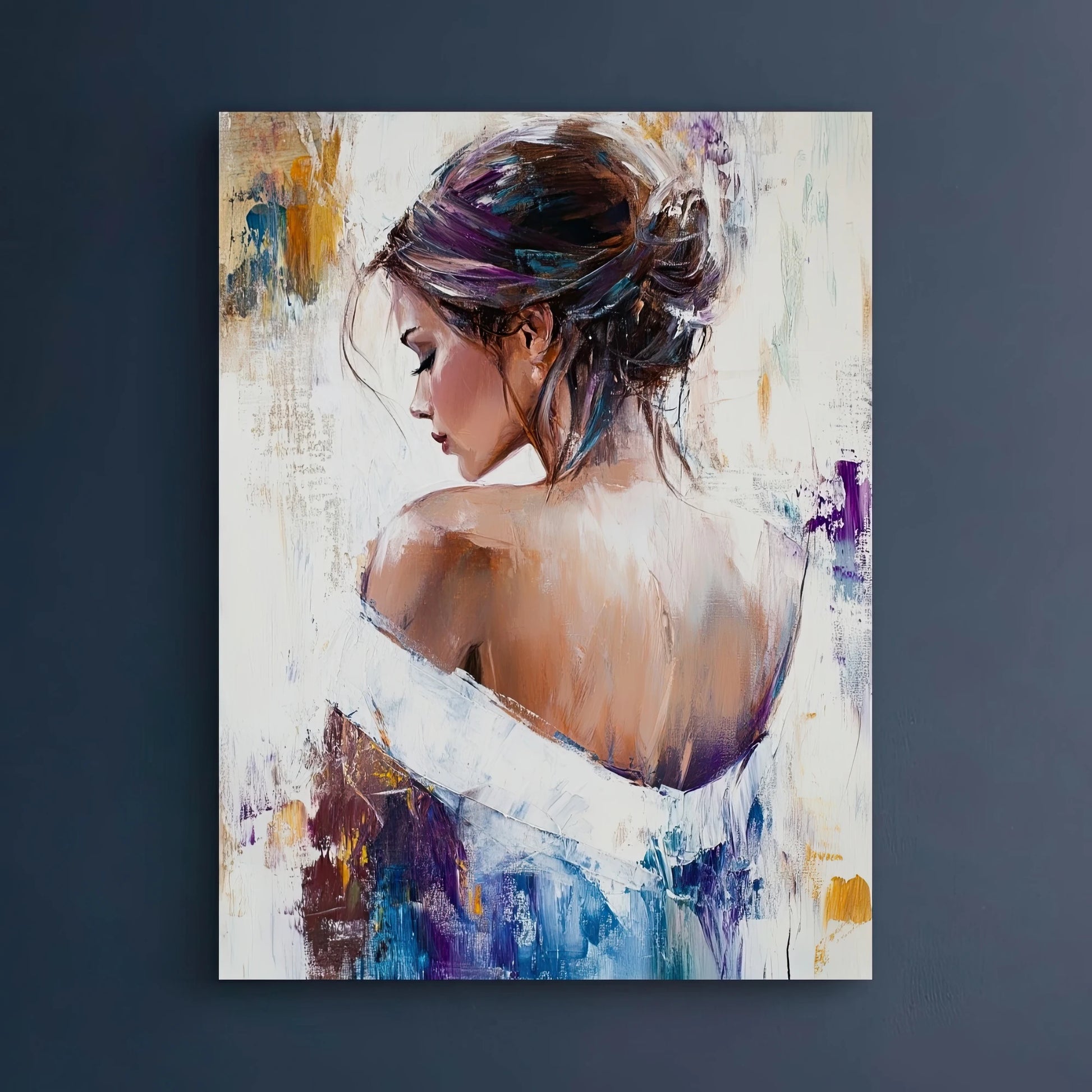 Volledige weergave van In Stilte Gedraaid met een vrouw in zijaanzicht en abstracte penseelstreken  
