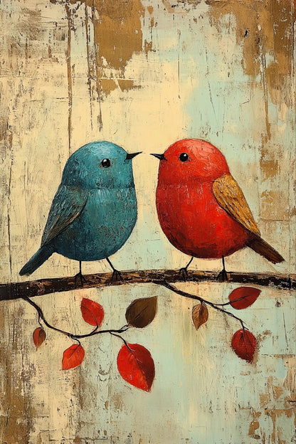 Volledige afbeelding van “In kleur verbonden” met twee vogels en rode herfstbladeren op tak
