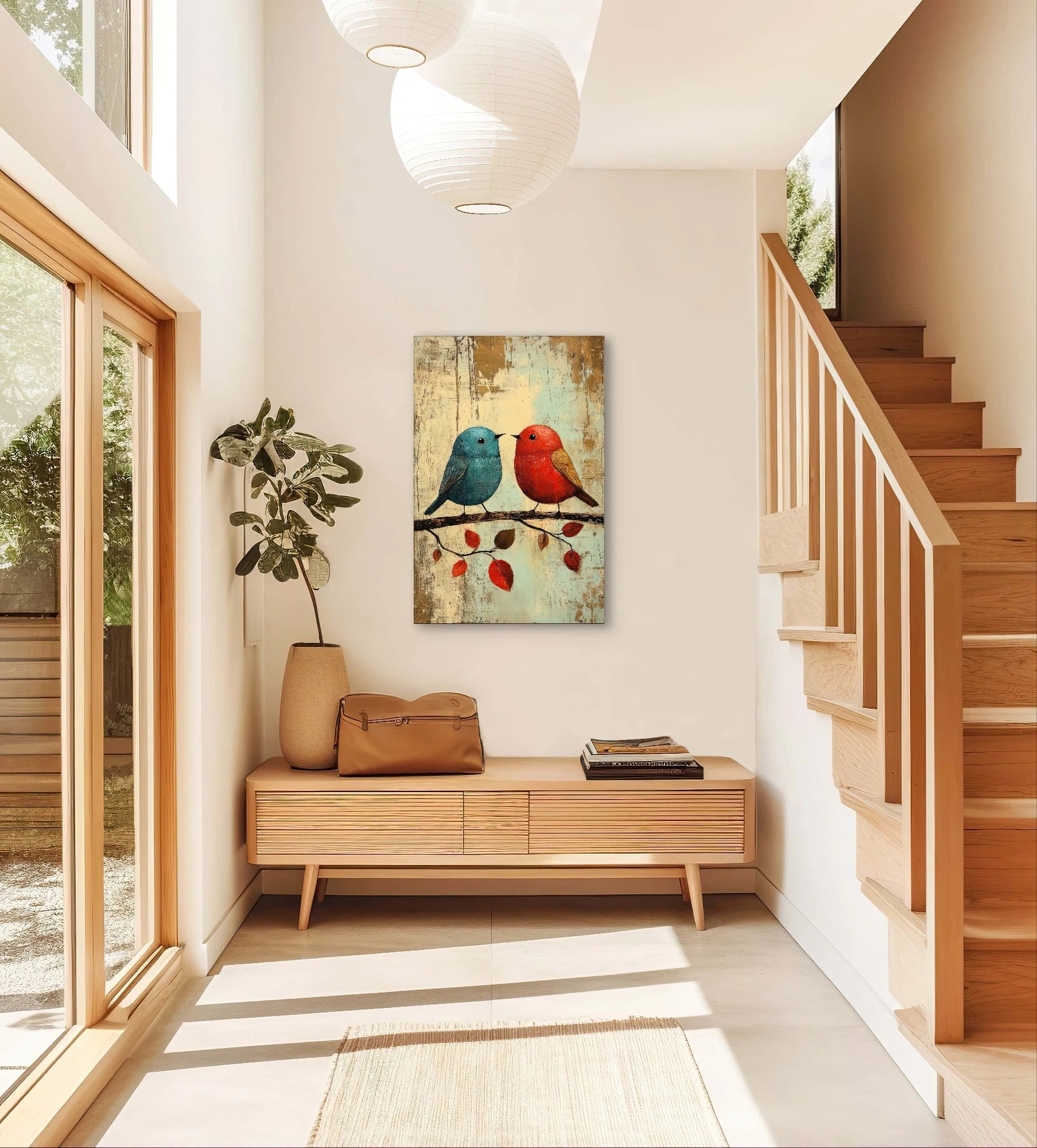 Twee kleurrijke vogels op kunstwerk aan lichte muur in warme hal met houten trap en veel daglicht
