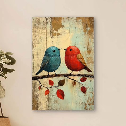 Detail van kunstwerk met blauwe en rode vogel op tak met bladeren in vintage stijl
