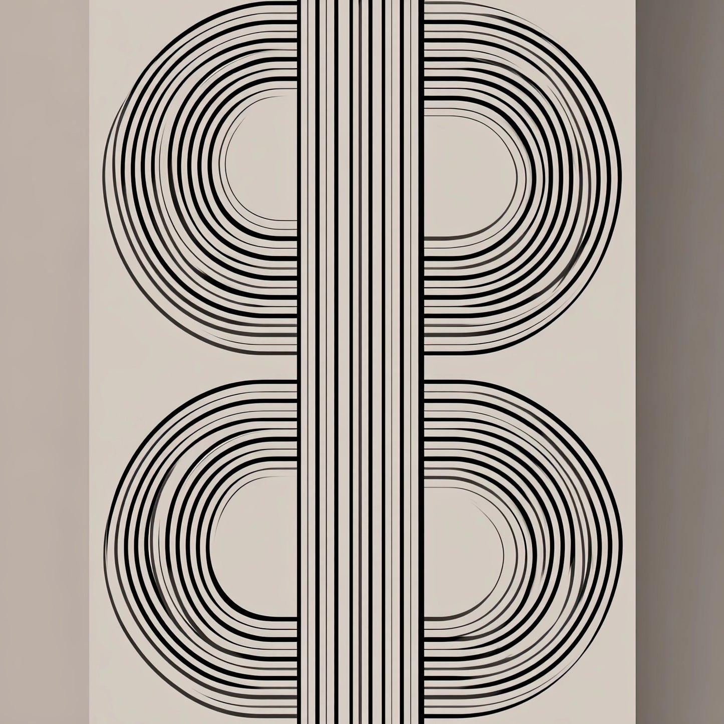 Volledig minimalistisch textielkunstwerk met enkele verticale lijn op witte achtergrond
