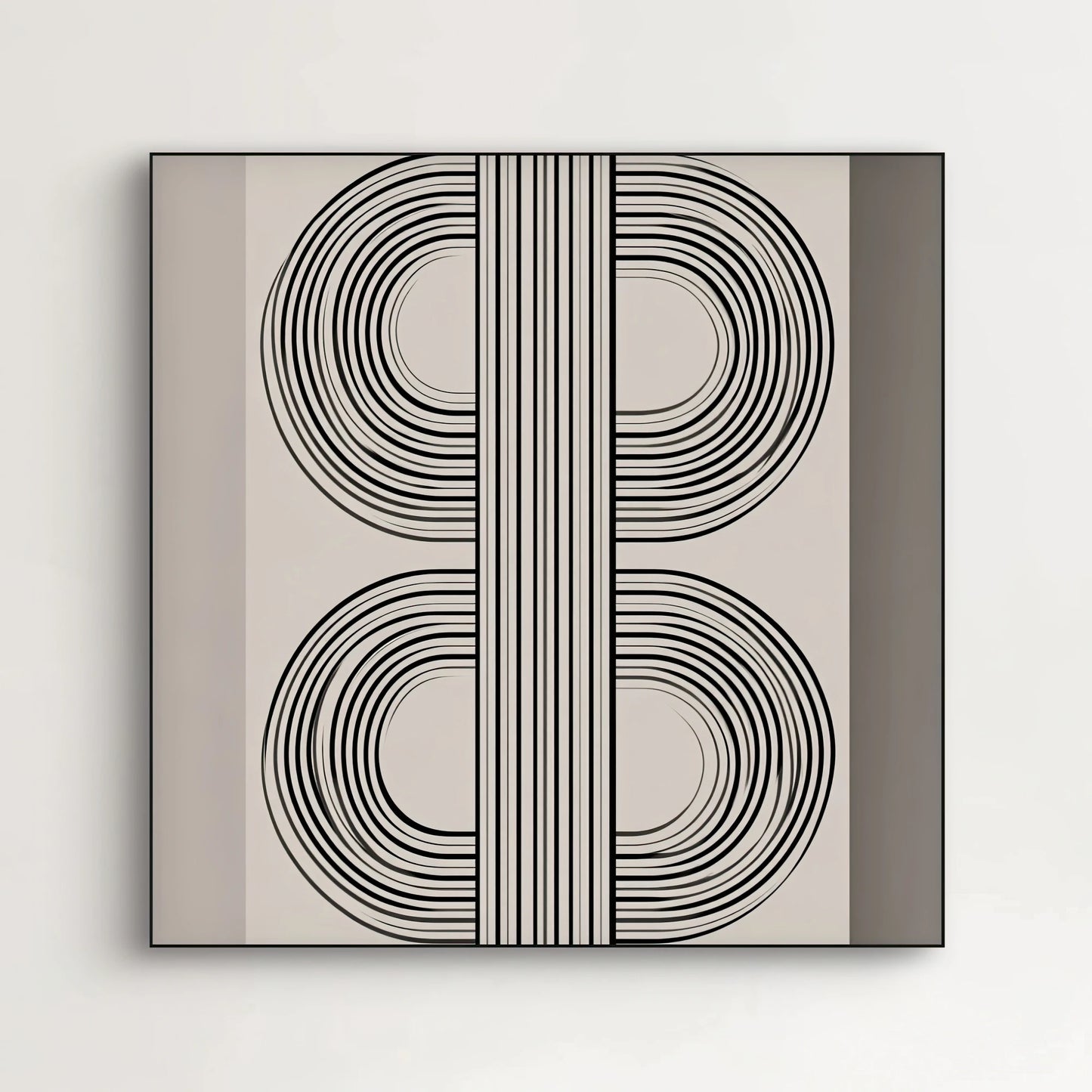 Detail van kunstwerk met scherpe zwarte lijn op structuur van wit textiel
