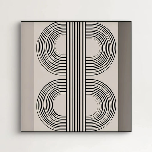 Detail van kunstwerk met scherpe zwarte lijn op structuur van wit textiel
