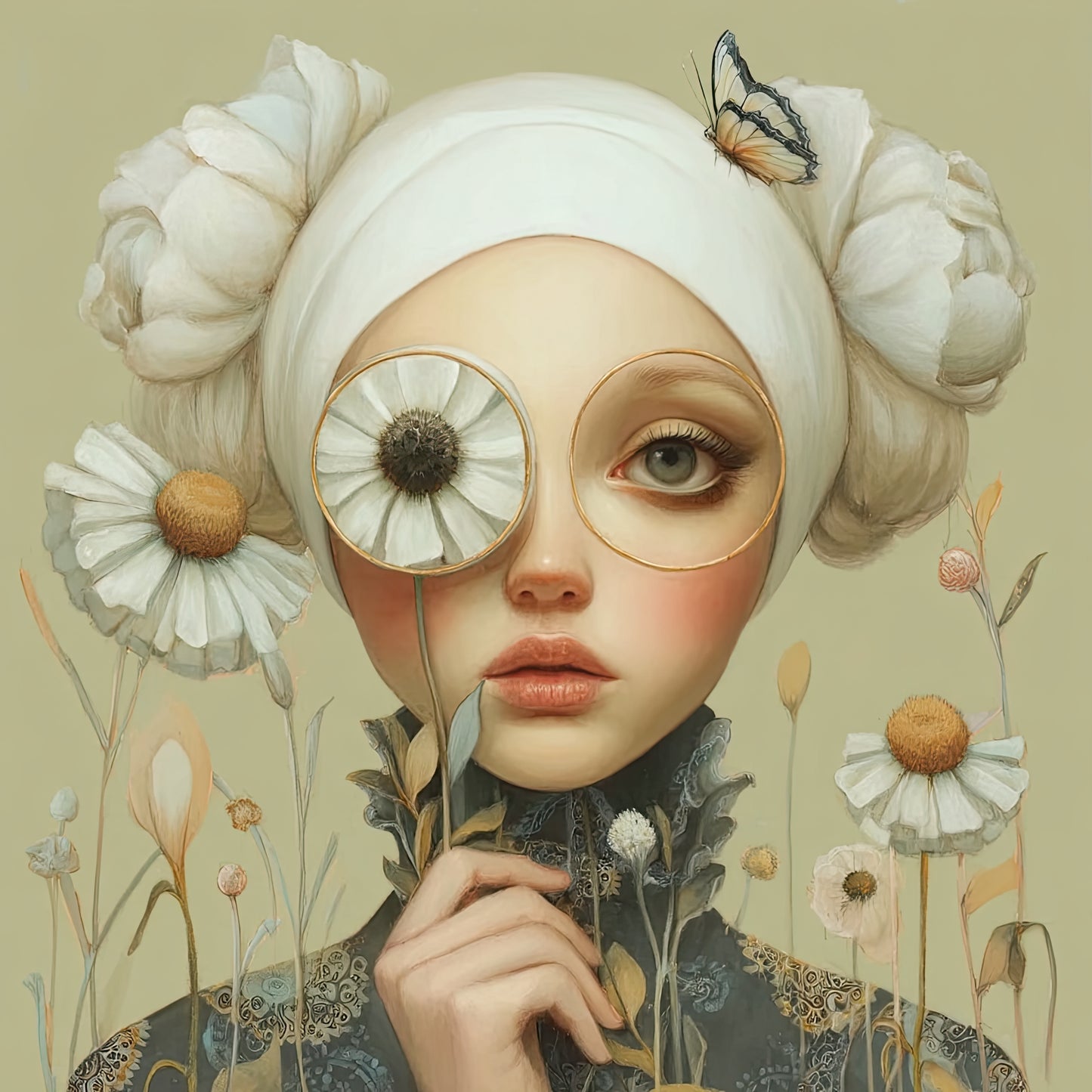 Volledige weergave van Iris Whisper, een vrouw met tulband tussen bloemen in zachte tinten  
