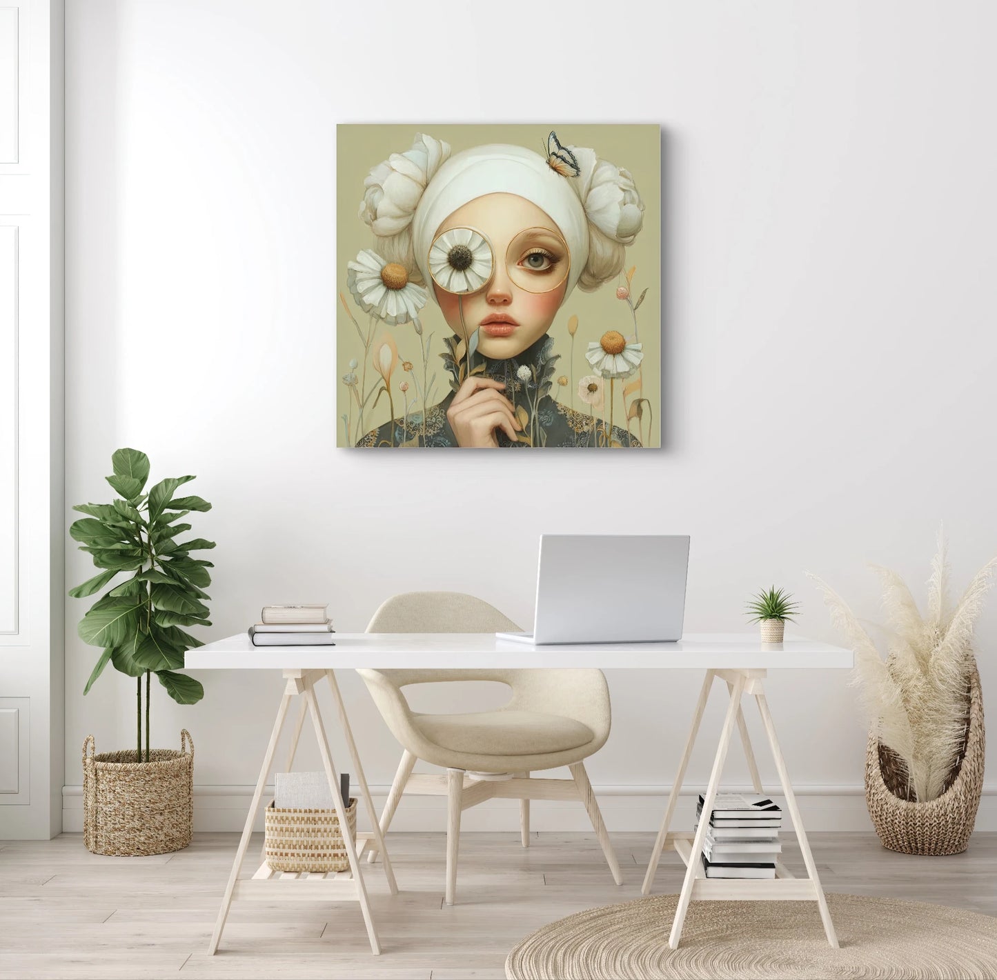 Textielkunstwerk Iris Whisper boven een licht bureau in een natuurlijke, rustige setting  
