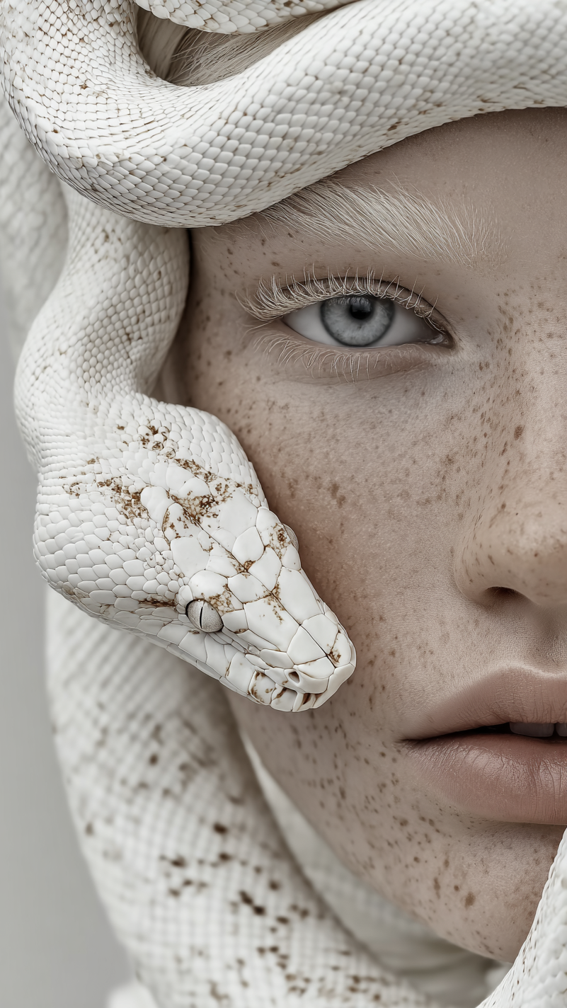 Fotografisch portret van vrouw met witte slang rond haar gezicht in minimalistische stijl
