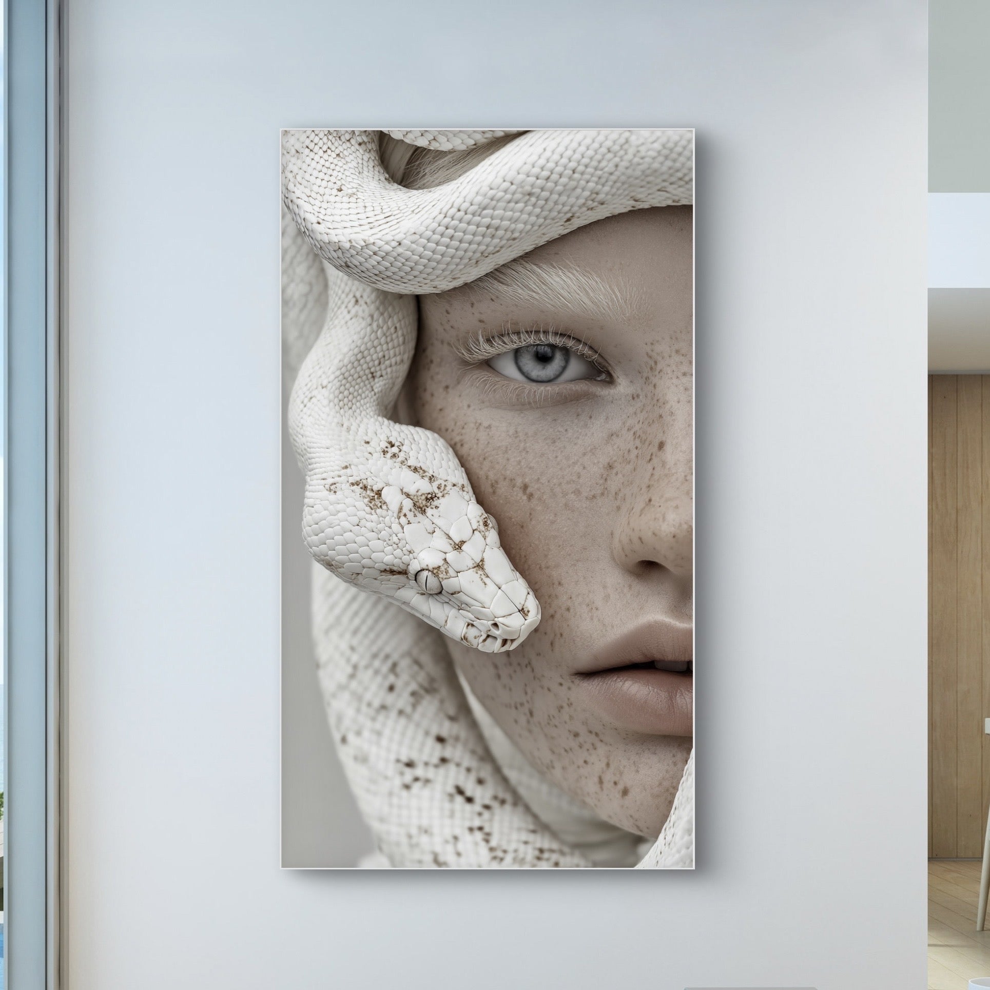 Detail van vrouwengezicht met witte slang in zachte tinten en poederige lichtval
