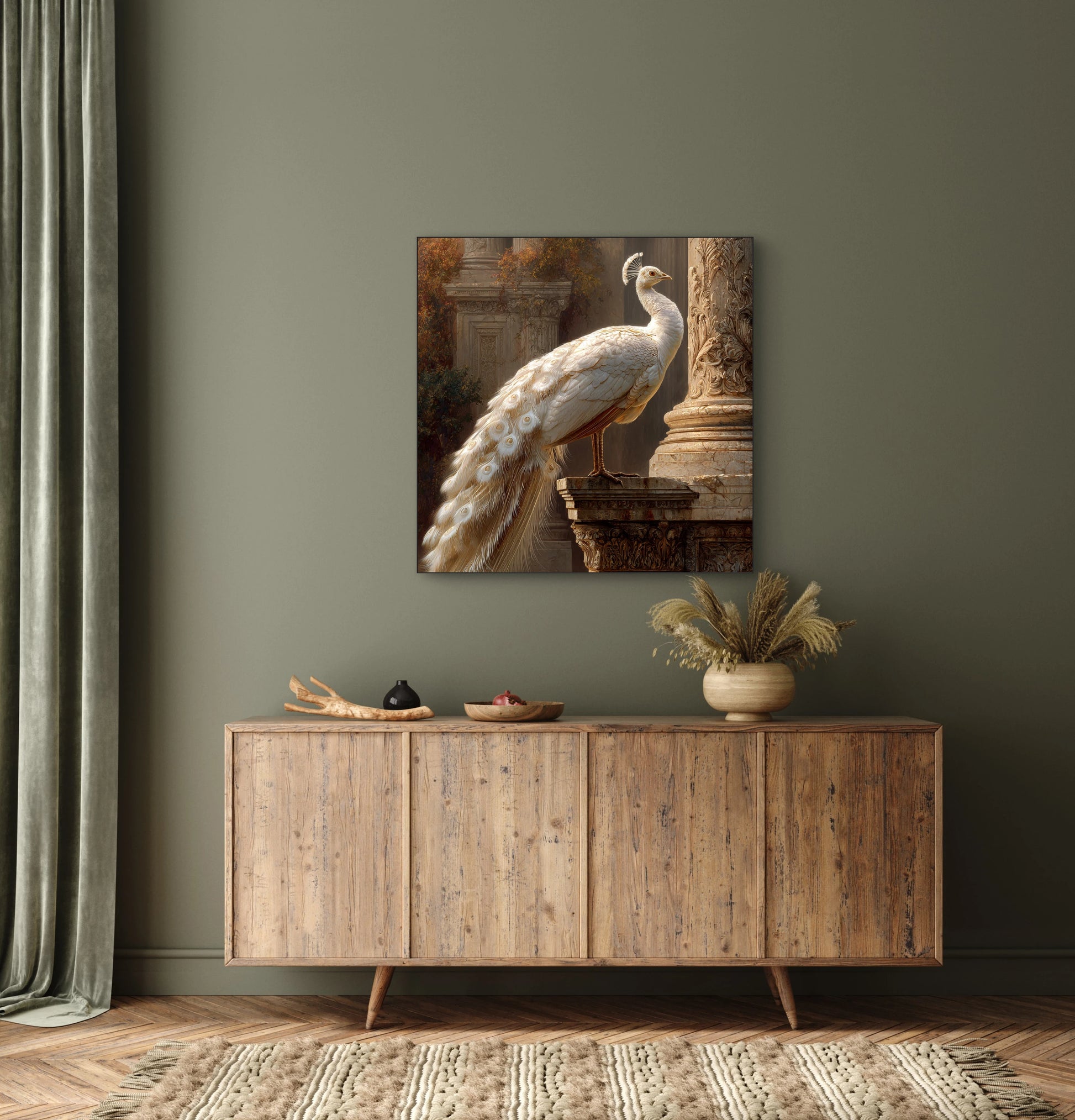 Mock-up van Ivoren Troon aan de muur boven een houten dressoir  
