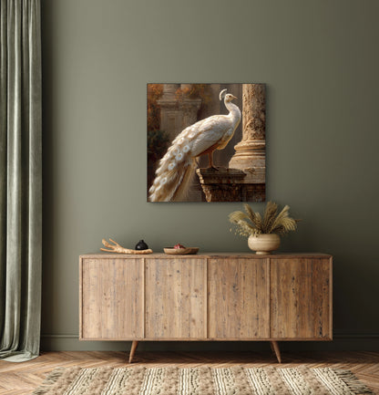 Mock-up van Ivoren Troon aan de muur boven een houten dressoir  
