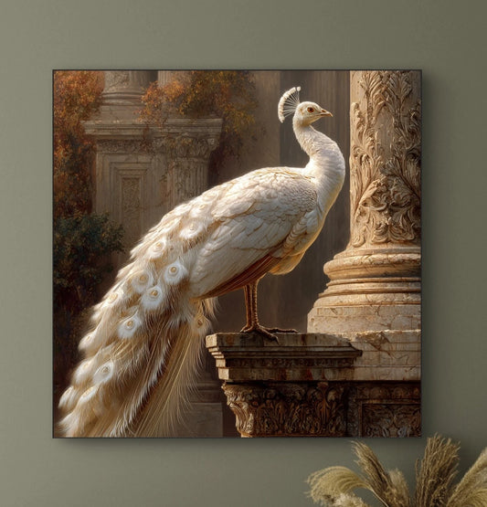 Detailopname van Ivoren Troon met witte pauw op stenen balustrade  
