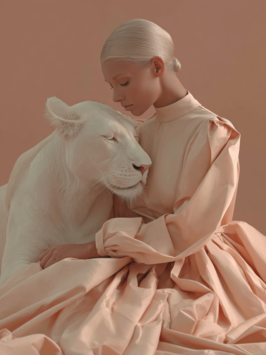 Volledige weergave van Ivory Embrace met vrouw in jurk en witte leeuwin  
