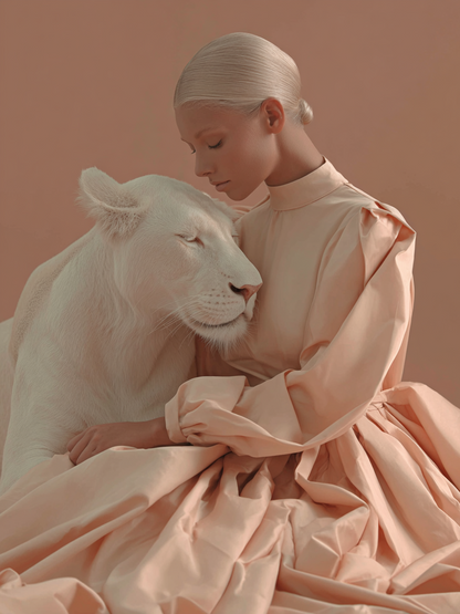 Volledige weergave van Ivory Embrace met vrouw in jurk en witte leeuwin  
