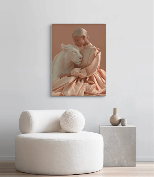 Mock-up van Ivory Embrace aan de muur boven een ronde witte fauteuil  
