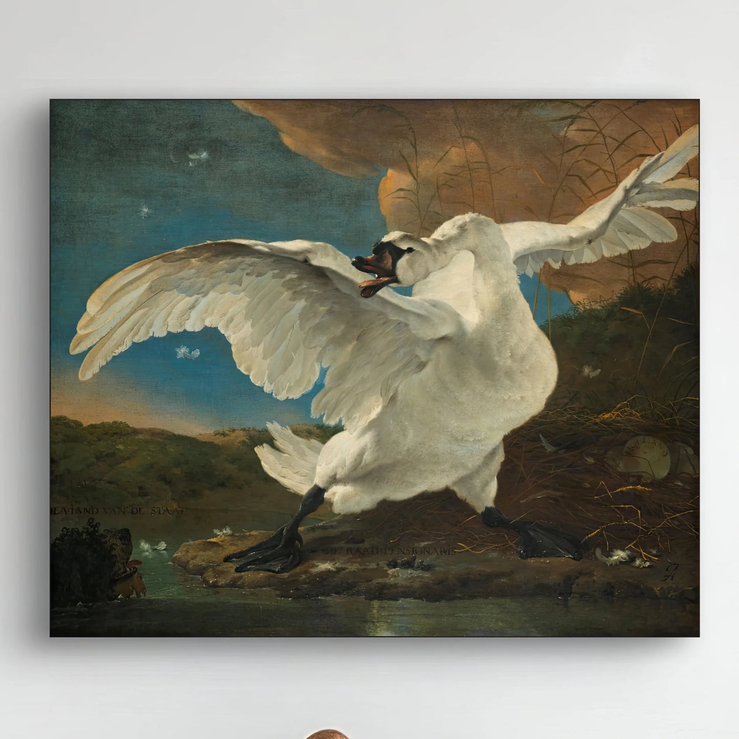 Detail van de zwaan met gespreide vleugels uit het schilderij van Jan Asselijn
