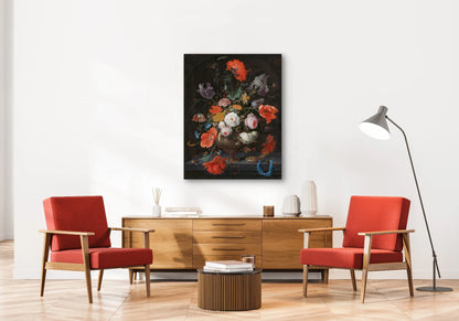 Klassiek bloemenschilderij van Jan Davidsz. de Heem boven houten kast met twee rode fauteuils
