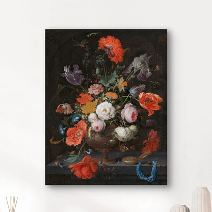 Detail van rode, witte en paarse bloemen uit het stilleven van Jan Davidsz. de Heem
