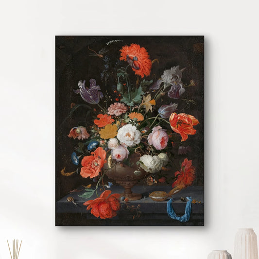 Detail van rode, witte en paarse bloemen uit het stilleven van Jan Davidsz. de Heem
