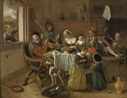 Volledige weergave van Het vrolijke huisgezin van Jan Steen, met muzikanten, kinderen en dieren aan tafel
