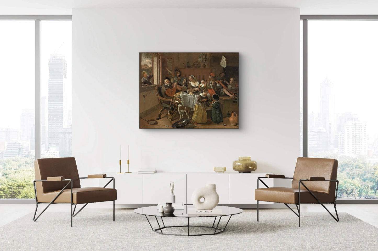 Klassiek schilderij van Jan Steen boven moderne witte kast met leren stoelen in een stadsappartement
