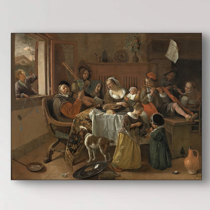 Detail van figuren rond de tafel in Het vrolijke huisgezin van Jan Steen met levendige expressies
