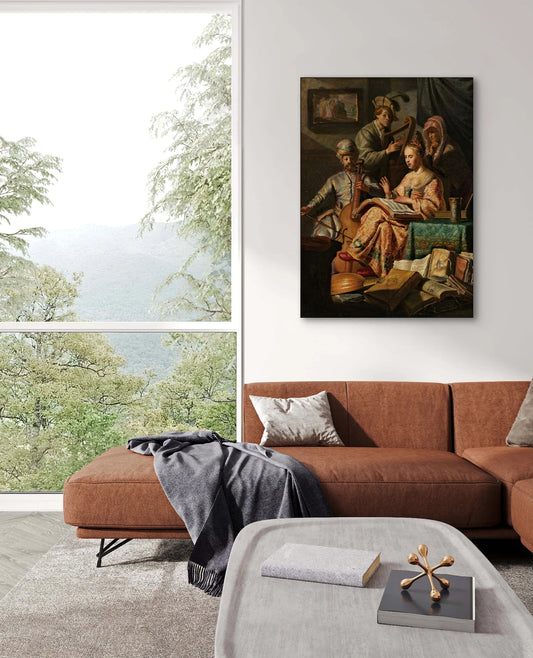 Schilderij van Jan Steen boven een moderne cognackleurige bank met uitzicht op een groene bergvallei
