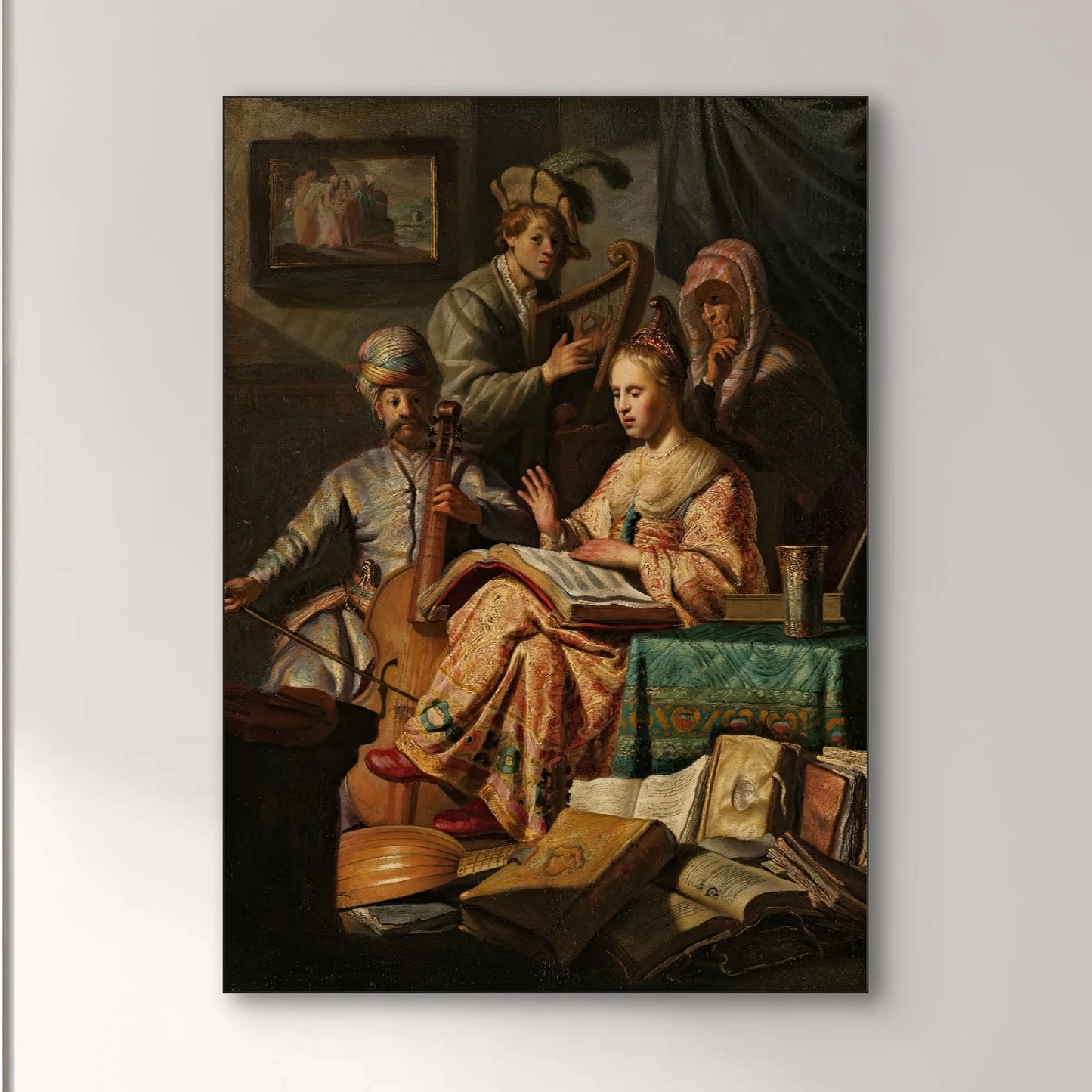 Detail van Musicerend gezelschap van Jan Steen, met muzikanten en een lezende vrouw in warme tinten
