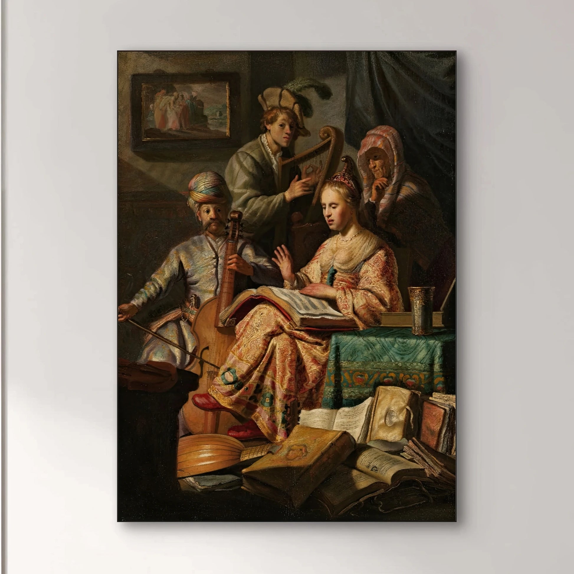 Detail van Musicerend gezelschap van Jan Steen, met muzikanten en een lezende vrouw in warme tinten
