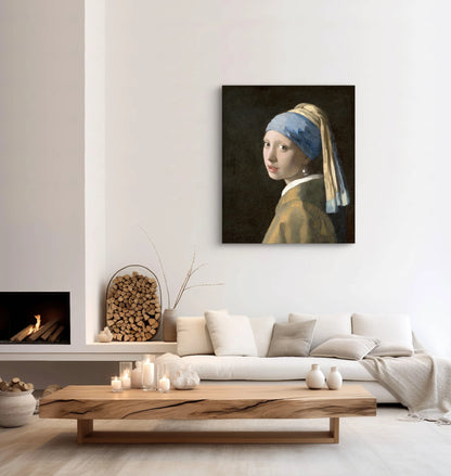 Meisje met de parel van Vermeer boven een minimalistische beige bank met houten salontafel en kaarsen
