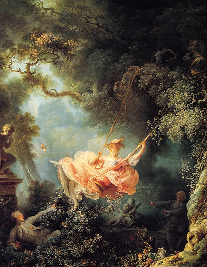 Volledige weergave van De Schommel van Jean-Honoré Fragonard in weelderige tuinsetting
