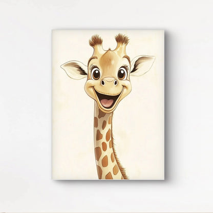 Kunstwerk van een lachende giraf met vrolijke expressie en grote ogen, tegen een lichte achtergrond.
