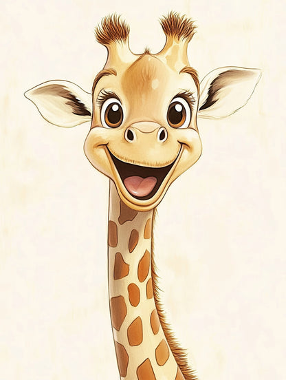 Volledige illustratie van een vrolijke giraf met open mond en vriendelijke ogen, centraal geplaatst tegen een zachte achtergrond.
