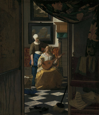 Volledige weergave van De liefdesbrief van Johannes Vermeer met gordijn, tegelvloer en twee vrouwen
