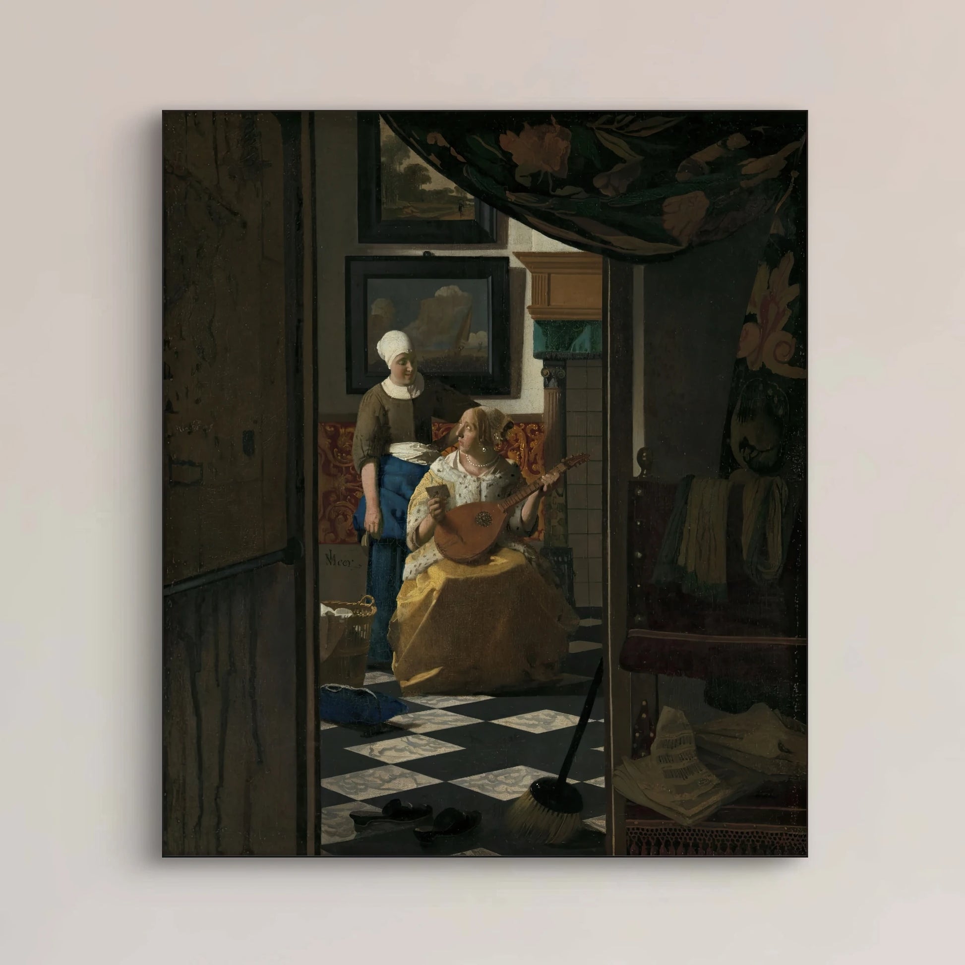 Detail van de luitspeler en dienstmeid in De liefdesbrief van Johannes Vermeer
