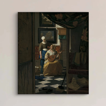 Detail van de luitspeler en dienstmeid in De liefdesbrief van Johannes Vermeer
