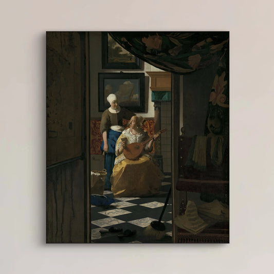 Detail van de luitspeler en dienstmeid in De liefdesbrief van Johannes Vermeer
