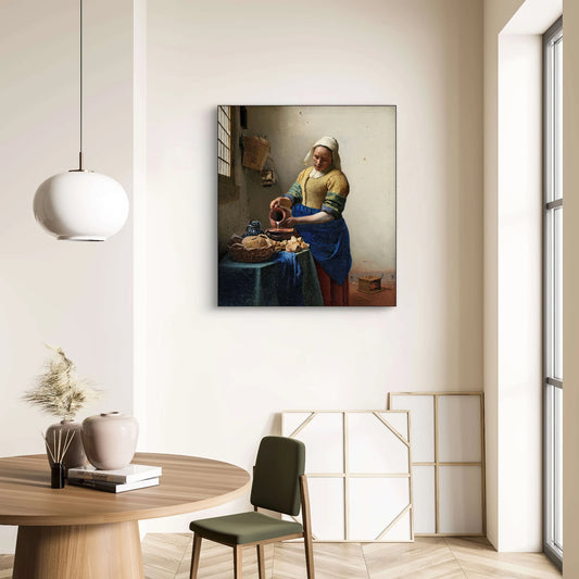 Het melkmeisje van Vermeer boven een ronde houten tafel met groene stoel in een licht interieur
