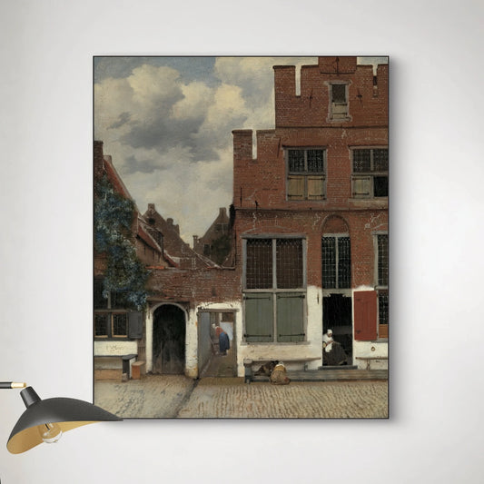 Detail van Het straatje van Johannes Vermeer met vrouwen en kinderen voor de gevels in Delft
